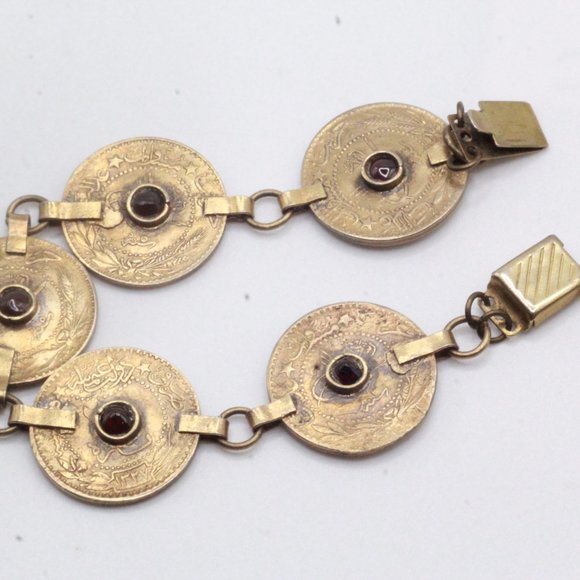 Antique Revival Sterling Silver Vermeil Coin Garnet Bracelet - Picture 3 of 8